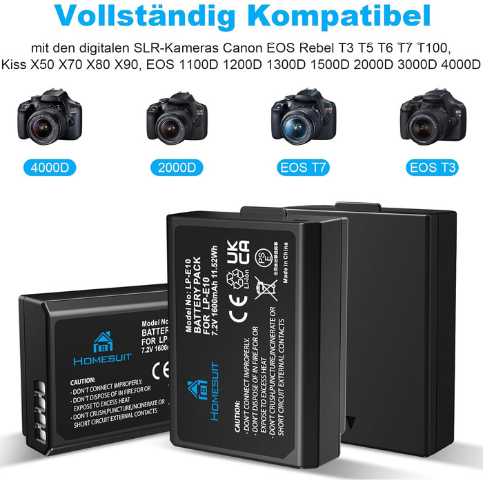 Акумулятор LP-E10 1600mAh Homesuit + LED зарядний пристрій для Canon EOS 1100D, 1200D, 1300D, 2000D, Rebel T3, T5, T6, T7, Kiss X50, Kiss X70 (2 шт. акумулятори + 1 зарядний пристрій)