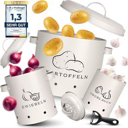 Storage Boxes [Set of 3] including peeler - longer shelf life thanks to 360° air circulation - ideal storage for onions, potatoes & garlic (White)