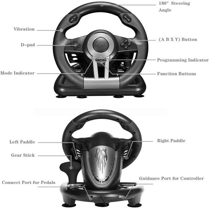 PXN V3II Руль для гонок з педалями, 180°, сумісний з PS3/PS4, Xbox One/Series, Nintendo Switch та PC, чорний
