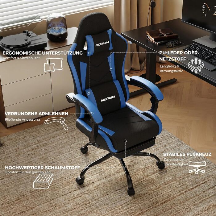 Геймерське крісло Nexthra Ergonomisch з підставкою для ніг, до 180 кг, блакитне. Офісне крісло для геймінгу та роботи, з регульованою спинкою 150°