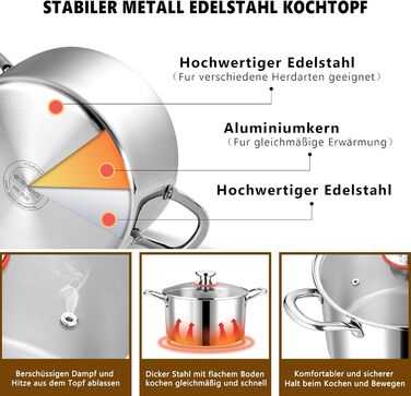 Каструля Joyfair Kochtöpfe з кришкою з термостійкого скла, 3.3L, преміум-якість, нержавіюча сталь, для всіх типів плит, індукція, 26 см