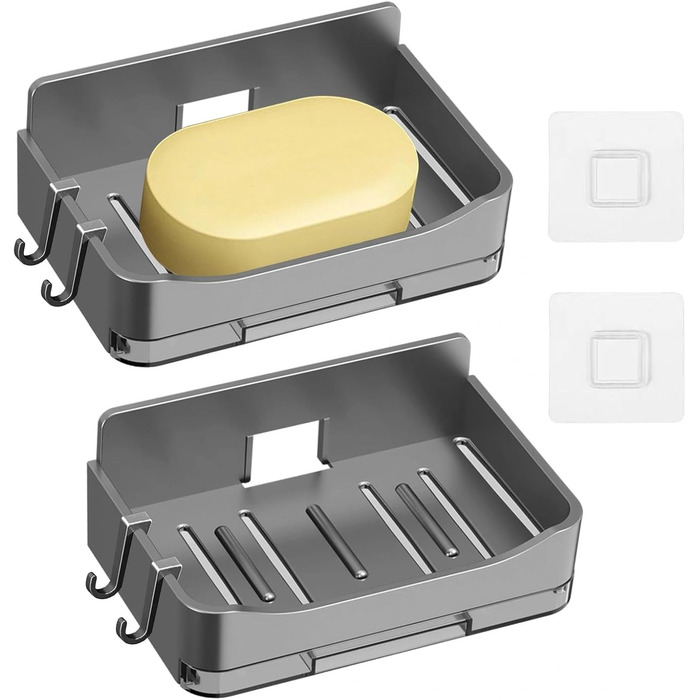 Тримач для мила Dulynva (2 шт.) без свердління, сірий. Мильниця для душу, мильниця з піддоном, мильниця для ванної кімнати, кухні, мийки. Пластиковий тримач для мила, настінний, самоклеючий.