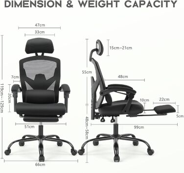 Офісне крісло DUMOS Ergonomisch C-3509 чорного кольору - ергономічне крісло з комфортними підлокітниками, підтримкою попереку та підставкою для ніг, для дому та офісу (26 x 39 x 50.75 inches)