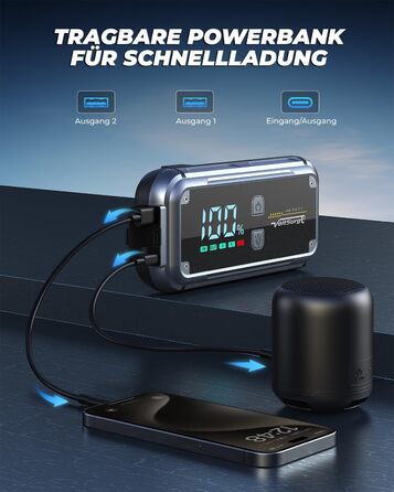 Портативний пусковий блок Starthilfe Powerbank 6000A з USB, LCD, ліхтариком, 12V для бензинових та дизельних двигунів