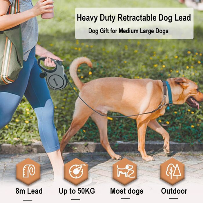 Рулетка для собак 8м, висувна повідка для собак середніх та великих порід до 50 кг, повідка-рулетка, подарунок для собаки (сірий/чорний, 8 м)