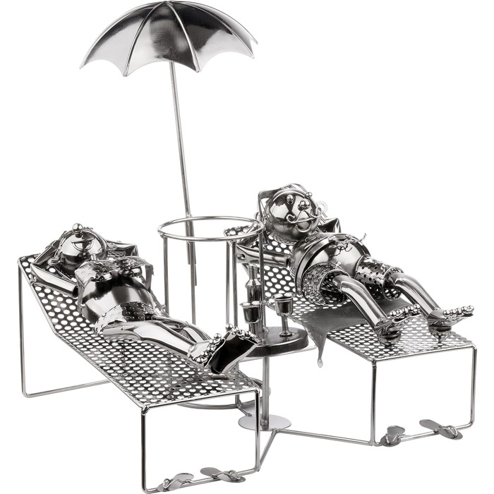 BRUBAKER Wine Bottle Holder - Loving Couple on Vacation - Metal Sculpture Bottle Stand, Reclining Couple Under Palm Tree - Silver Metal Figure Bottle Holder, Wine Gift for Vacationers with Greeting Card