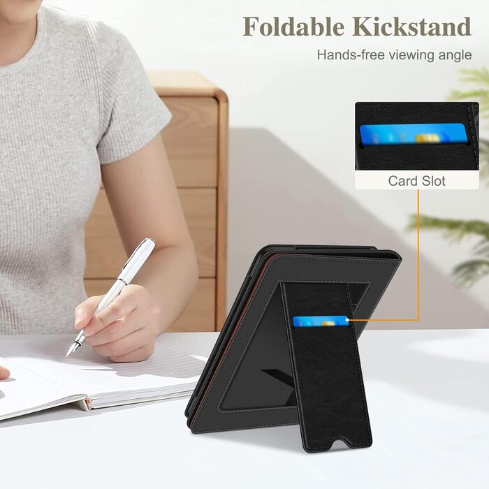 Чохол Fintie для Kindle Paperwhite (12-го покоління) та Kindle Colorsoft/Signature Edition 2024/2025 з підставкою, петлею та авто-вимиканням, чорний (чорний/коричневий)