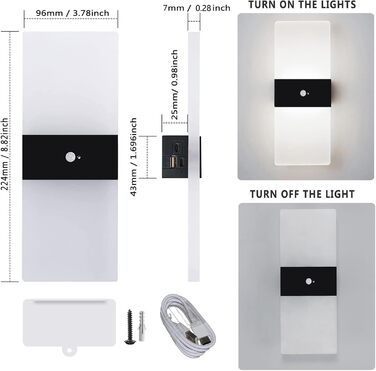 LED настінний світильник VOMI з датчиком руху, акумуляторний, бездротовий, USB зарядка, 4000mAh, для коридору та сходів, 2 білих світлодіодів, 6000K