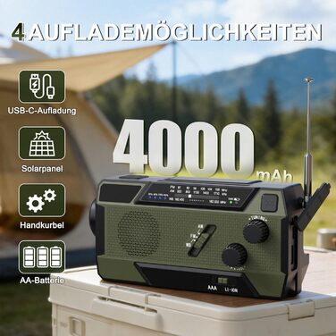Радіо-кринка Notfall Weltempfänger 4000 mAh (14800 mWh) з 3 кабелями. Радіо для надзвичайних ситуацій з ручкою та сонячною панеллю, живлення від акумулятора, AM/FM/WB, SOS-сигнал, ліхтарик для надзвичайного спорядження Green