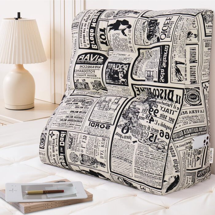 Вигнуте подушення для читання в ліжко, підголівник, клиновий подушок для підтримки спини, піднятий подушок для сидіння в ліжко або диван, знімний чохол (газета, 60 см)