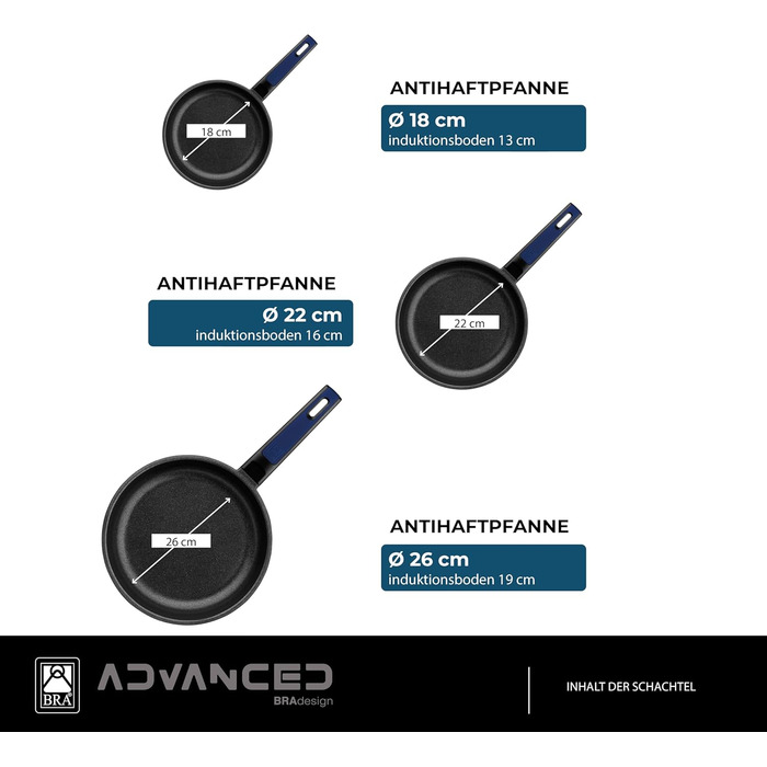 BRA Advanced | Set of 3 non-stick frying pans made of cast aluminum, 20|24|28 cm, PFOA-free, reinforced, excellent performance and scratch resistance, suitable for induction (Frying Pan Set (18-22-26 cm))