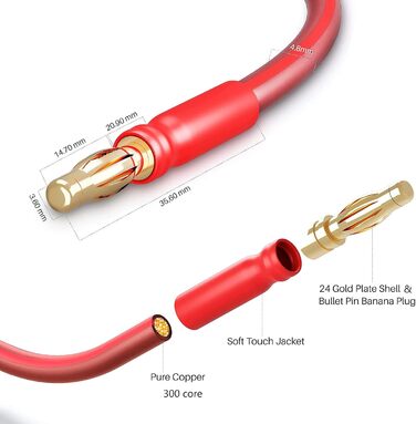 Акустичний кабель LONPOO LP42 з чистої міді та позолоченими бананоподібними роз'єктами, 14 AWG, 2 м, червоний (пара) для HiFi колонок