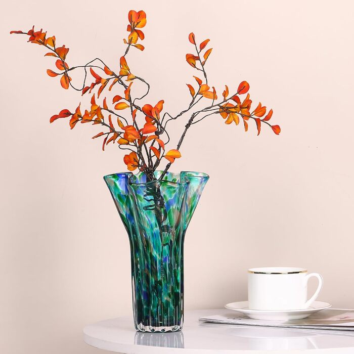 Ваза 22,9 см блакитно-зелена, виготовлена з ручного видутого скла, сучасний дизайн, широке горлечко, ідеальна для квітів та декору, для вітальні, кухні, весілля, офісу