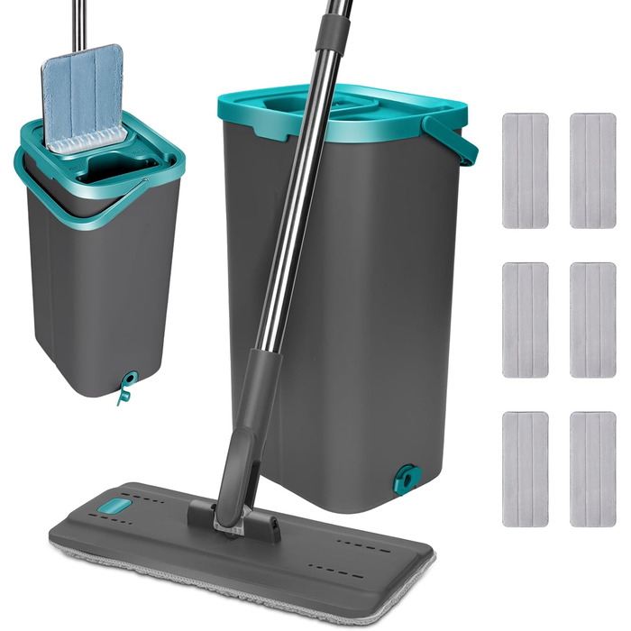 Набір для миття підлоги з відром, Masthome, компактний, з віджимом, 3 мікрофібрових насадок, нержавіюча сталь, 2 в 1, для дерев'яних, плиткових та мармурових підлог (сірий+блакитний, 3.7л)