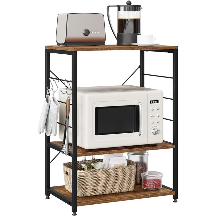Kitchen Shelf, Microwave Shelf with 4 Hooks, Baking Shelf with 3 Tiers, Storage Shelf for Kitchen, Cafe, Living Room, Bathroom, 60 x 82 x 40 cm, Vintage Wood Look + Black