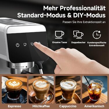 AMZCHEF Siebträgermaschine 20 Bar with LED Display Home 2-in-1 Espresso Machine with 1.2L Detachable Tank for Home Gifts, Compact Stainless Steel Latte Machine, 1350W