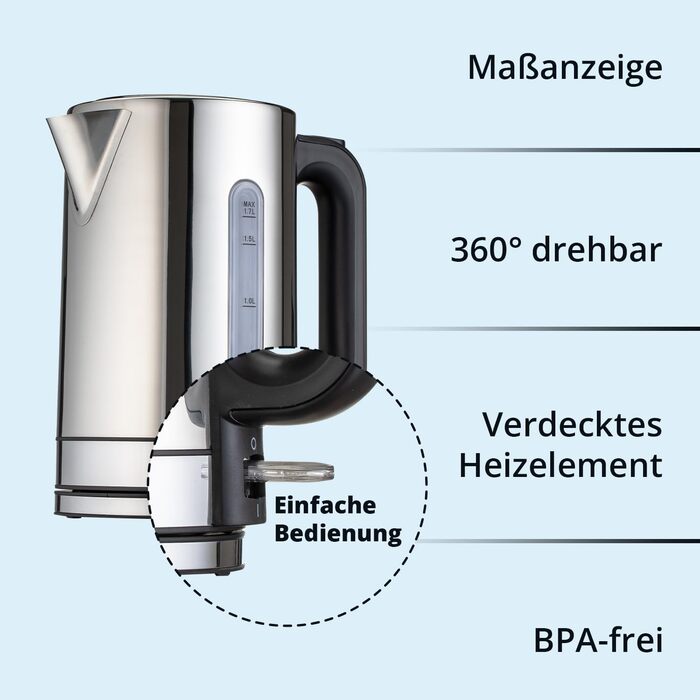 Електричний чайник KHG WK-1702 ES з нержавіючої сталі, 1,7 л, фільтр від накипу, індикатор рівня води, відкривання кнопкою, захист від сухого кипіння, автоматичне відключення, прихований нагрівальний елемент, BPA-free, 2200 Вт