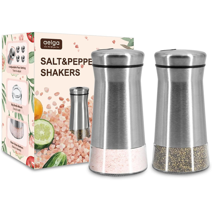 Aelga Salt and Pepper Shakers with Adjustable Pouring Holes, Elegant Stainless Steel Salt Shakers - 2 Piece Salt Spender for Himalayan, Kosher, and Sea Salt