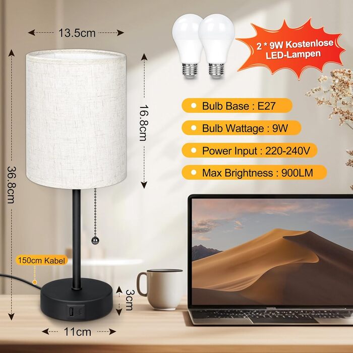 Настільна лампа 2 шт. з USB зарядкою (A+C), LED, тканинний абажур, регулювання кольору, для спальні, вітальні, дитячої, офісу