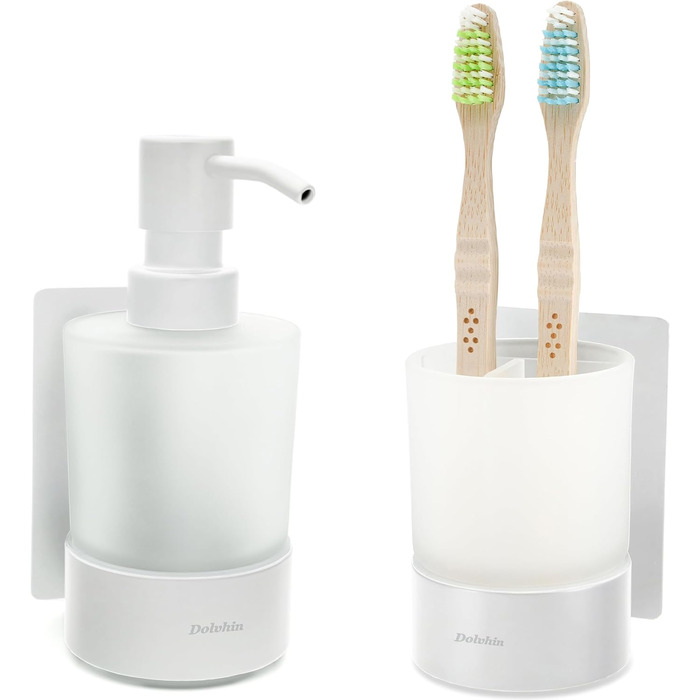 Dolvhin® Soap Dispenser and Toothbrush Holder Set | Frosted Glass Soap Dispenser & Toothbrush Holder | Stainless Steel Toothbrush Holder without Drilling | Adhesive Wall Soap Dispenser | Bathroom Set | Matte White