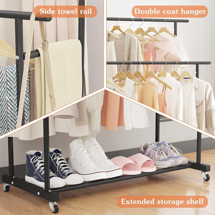 Clothes Rack with Double Rod, Rolling Clothes Rack, Portable Clothes Rack for Bedroom, Living Room, Clothing Store (Black)