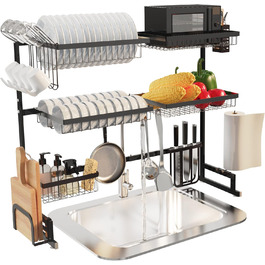Сушарка для посуду на мийку, 3-ярусна, нержавіюча сталь, регульована (84-102 см), велика сушарка для стільниці (чорна)