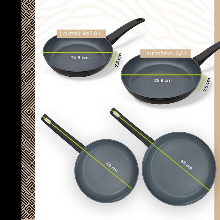 Набір сковорідок Be Living Delight 4 шт. (20/24/28 см + вок 28 см з кришкою), антипригарне покриття з кераміки, для індукційних плит, без PTFE та PFOA, чорний