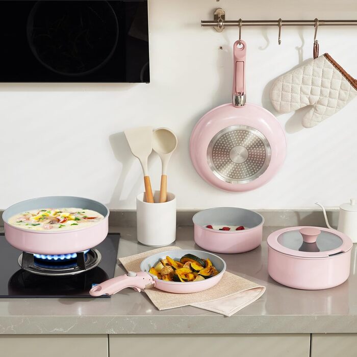 Florosa Ceramic Pots & Pans 5-Piece Set, 20/26cm Non-Toxic Cookware Set, Non-Stick Coated Pan with Lid & Removable Handles, Induction and Oven Safe, PTFE and PFOA Free, Pink