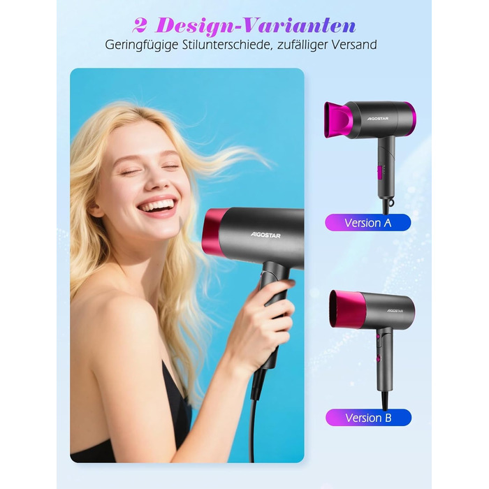 Aigostar Фен для подорожей 2100W з складною ручкою, сірий, з захистом від перегріву, з сумкою