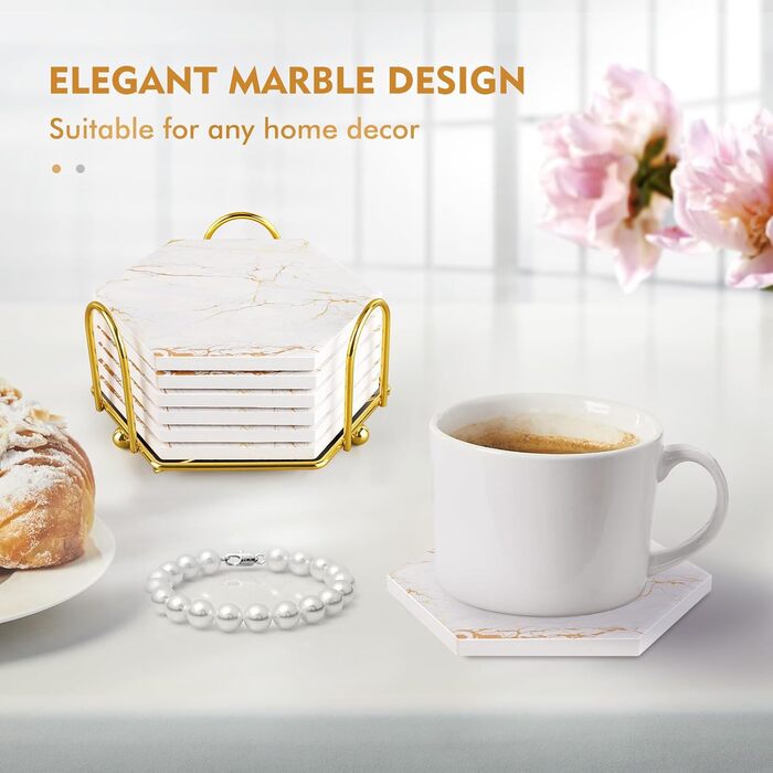 Marble-Style Coasters, Set of 6 - Drink Coasters for Wood Table with Metal Holder - Gold-Colored Ceramic Cup Set - Rustic Home Decor, Room Decor, Party (Luxury White-Gold Marble 01)