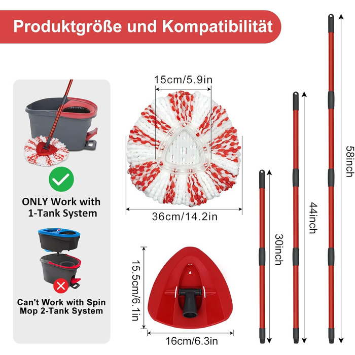 DLAIMI Replacement Mop Heads for Turbo 3-in-1, Floor Wiper Set Compatible with Vileda EasyWring&Clean, Mop Replacement Cover, 2 Mop Heads +1 Handle +1 Mop Base for mop, Mop Set Accessories