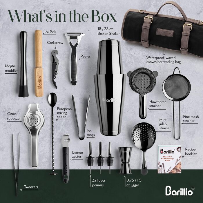 Набір бармена Barillio з золотим шейкером та сумкою для подорожей - 17 предметів, вощена тканина, мобільний бар з ременем (Чорний)