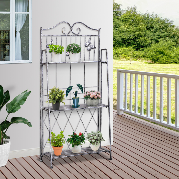 Outsunny Plant Shelf, Plant Stand, Flower Shelf, Flower Stand, Flower Ladder, Garden Shelf, 3 Tiers, Metal, Silver Gray, 44 x 25 x 96 cm
