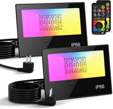 RGB LED Spotlight Outdoor with Remote Control, 2PCS RGBW 5000LM Dimmable Color Outdoor Spotlights, 3000K Warm White Floodlight Floodlight Spotlight Color Changing Lighting Floodlight Garden IP66 Waterproof