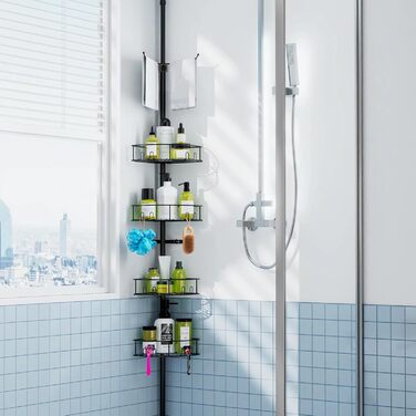 Bomclap Telescopic Shower Shelf with 4 Baskets and 1 Towel Holder, Shower Shelf No Drilling Required, Height Adjustable 149-276cm for Shower and Bathtub, Black