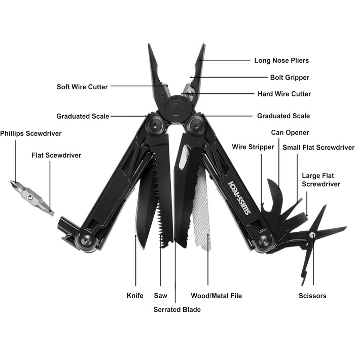 Swiss+Tech 16-in-1 Multi-Tool Pliers, Folding Multi-Tool Tool, Multifunctional Pliers with Scissors, Knife, Saw, Bottle Opener, Screwdrivers for Camping, Outdoor, Repairing, with Carrying Case
