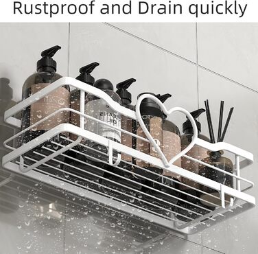 Двосекційна поличка для душу без свердління з 4 гачками, органайзер для шампуню та мила, поличка для ванної кімнати (11.5 см, білий)