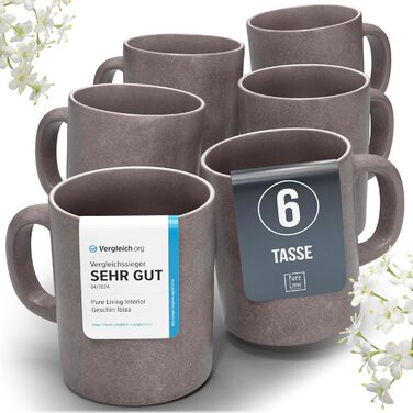 Stoneware Coffee Cups, 6 Person. High-Quality Urban Style TEST VERY GOOD Cup Set, Dishwasher, Microwave and Scratch-Resistant. Stylish Tea and Coffee Cup Set - Pure Living in matte Grey-Brown