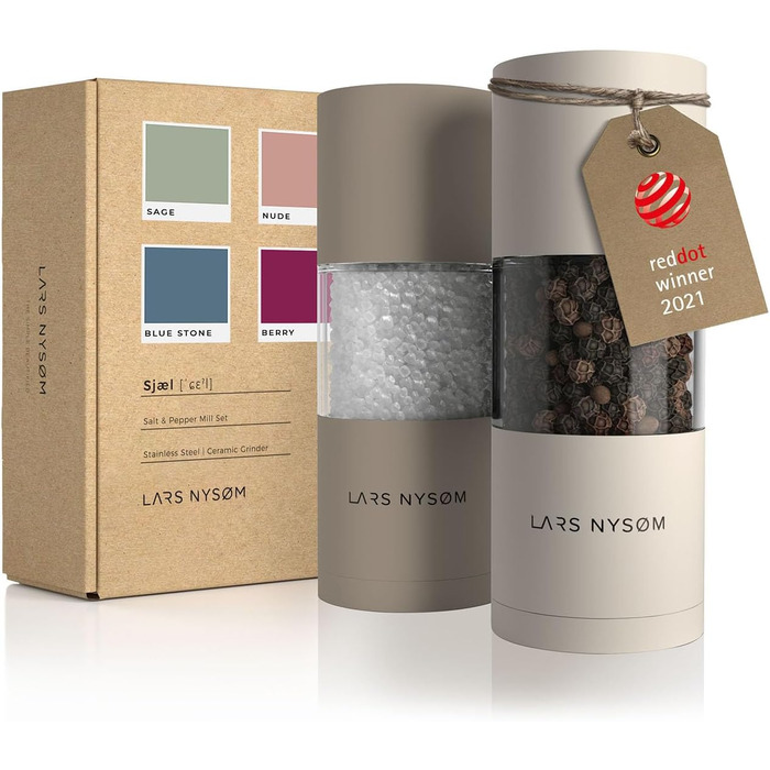 LARS NYSØM Salt and Pepper Mill Set made of Stainless Steel with Adjustable Ceramic Grinder, 2 Pieces | Manual Spice Mills with High-Quality Design (2 pcs) (Brown/Beige)