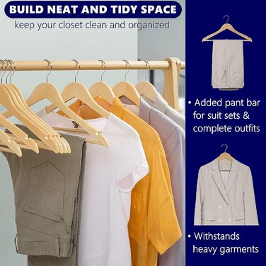 Дерев'яні вішалки для одягу Amber Home, білі, 30 шт. з антиковзною перекладиною для штанів, сорочок, курток та суконь (натуральне дерево)