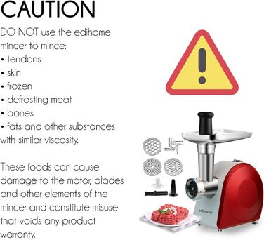М'ясорубка електрична Edihome з насадкою для ковбас, мультифункціональна, 3 диски (Червоно-біла)