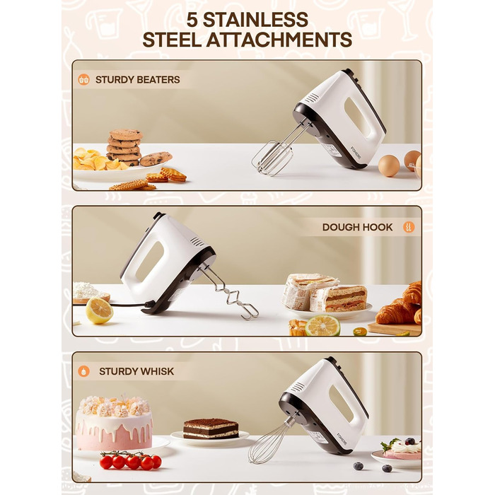 Електричний ручний міксер 400 Вт з 6 швидкостями та Turbo Boost, з набором аксесуарів, нержавіюча сталь, білий