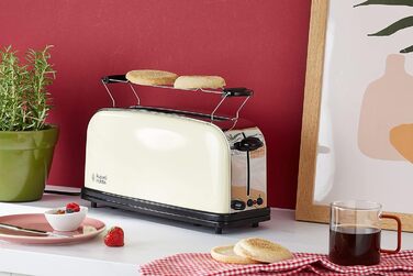 Тостер Russell Hobbs Colours+ з широким слотом, 2 скибки, нержавіюча сталь, кремовий, 1000 Вт, підставка для булочок, 6 режимів підсмажування, функція розморожування