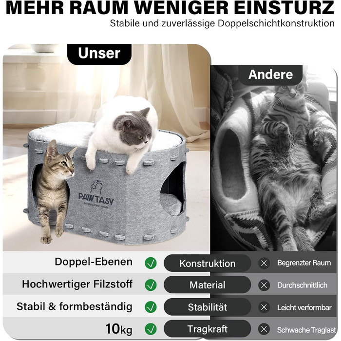 Felt Cat Cave Bed Cat House for Indoor Cats, Cave with 2 Soft and Warm Cushions, Winter-Proof, Protects Cat Claws, 58W x 33D x 30H cm, (Gray)