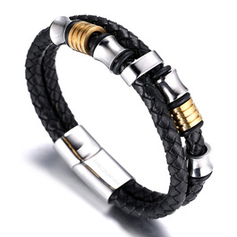 Браслет дитячий Halukakah Ehre Junior для хлопчиків зі шкіри чорного бика, з магнітним застежкою, покритий золотом/платиною, з титановими перлинами (6-12 років, 18-19.5 см)