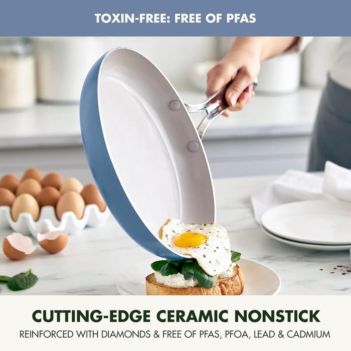 Набір сковорідок GreenPan Nova, 20.3 см та 25.4 см, індукційні, без PFAS, керамічне покриття, безпечні для здоров'я, для плити та духовки, блакитний океан