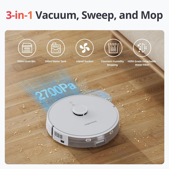 SwitchBot S1 Plus: Робот-пилосос з функцією миття підлоги - LiDAR навігація, 2700Pa, сумісний з Alexa, для твердих підлог