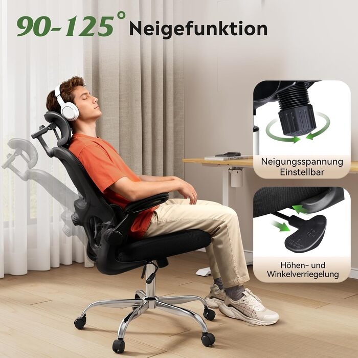 Офісне крісло Devaise ергономічне, з підтримкою попереку, 3D-підголівником, регульованими підлокітниками та сітчастою спинкою, для офісу та дому, до 150 кг, чорне