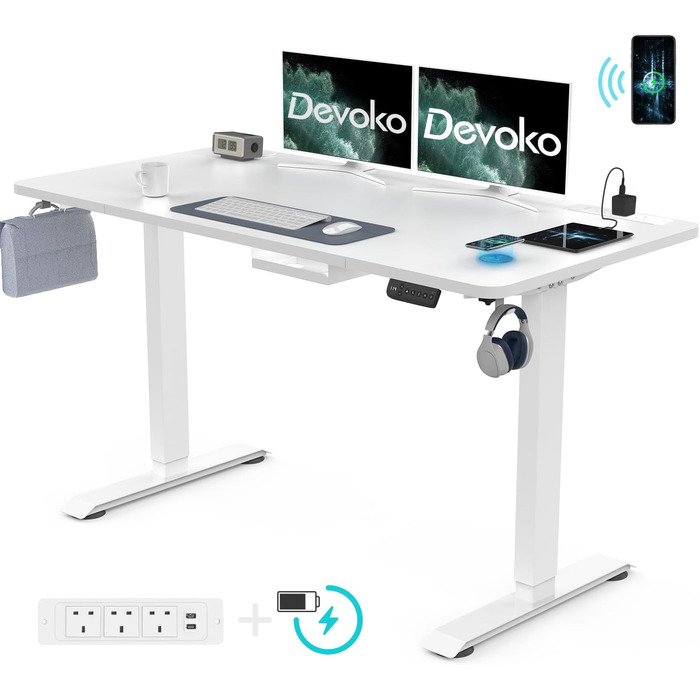 Devoko Adjustable Standing Desk with Wireless Charger, Memory Settings, USB Ports & Wheels - 160x80cm