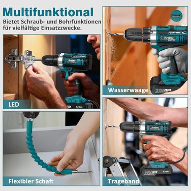 Акумуляторний шуруповерт Sundpey Set з 2 акумуляторами 2.0Ah, 21V, 1500 об/хв, 45Nm, 18+1 режим, LED-підсвічування, для ремонту та DIY